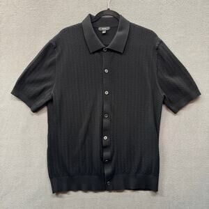 Reiss Thames Pointelle Knit Short Sleeve Button Up Shirt Men XL Black Minimalist